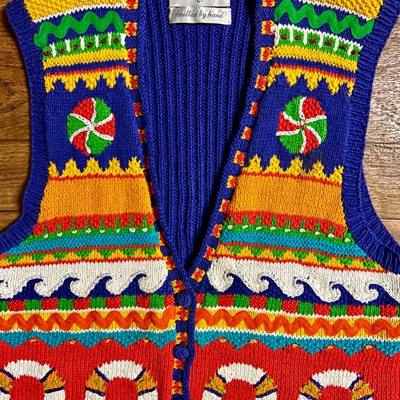 Marisa Christina • Hand Knitted• Orange/Yellow/Blue • Large • Ocean/Fish • Vest - Picture 7 of 16